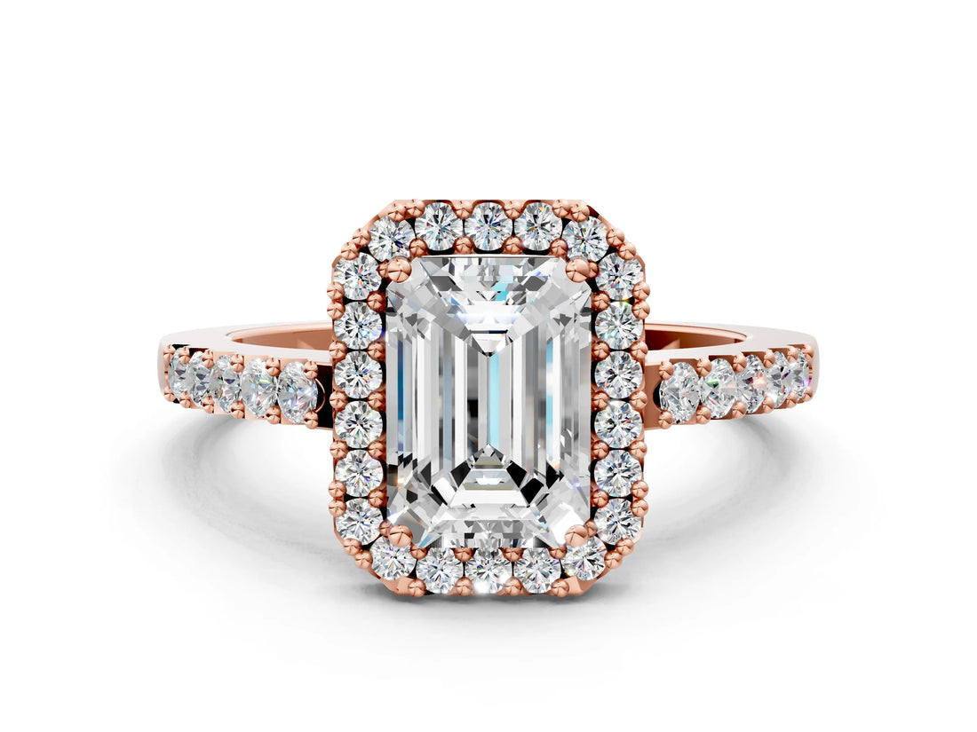 Rose gold Emerald Halo Diamond Pavé Solitaire Ring_51