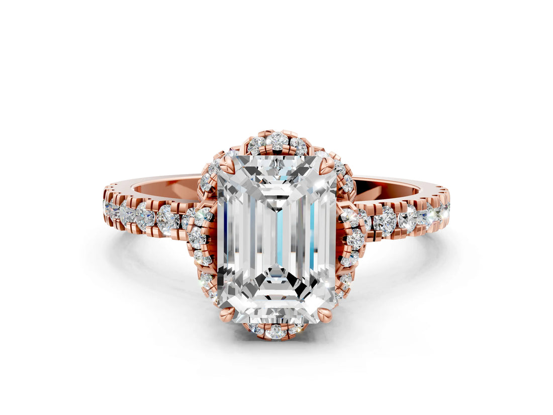 Rose gold Emerald Halo Diamond Pave Band Ring with Four-Prong Setting_15