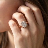 Rose gold Emerald Halo Diamond Ring with Cathedral Band and Four-Prong Setting_14