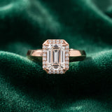 Rose gold Emerald Halo Diamond Ring with Cathedral Band and Four-Prong Setting_15