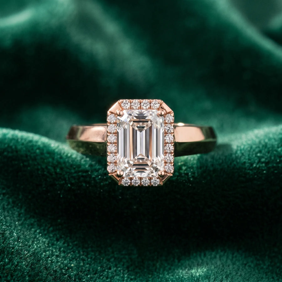 Rose gold Emerald Halo Diamond Ring with Cathedral Band and Four-Prong Setting