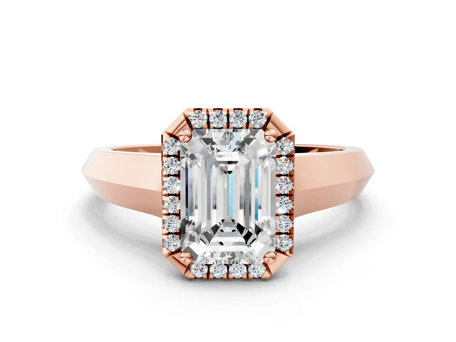 Rose gold Emerald Halo Diamond Ring with Cathedral Band and Four-Prong Setting