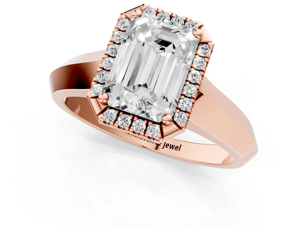 Rose gold Emerald Halo Diamond Ring with Cathedral Band and Four-Prong Setting
