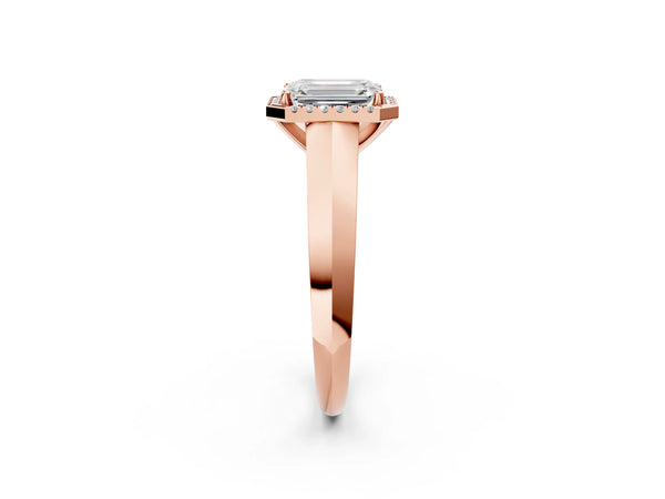 Rose gold Emerald Halo Diamond Ring with Cathedral Band and Four-Prong Setting