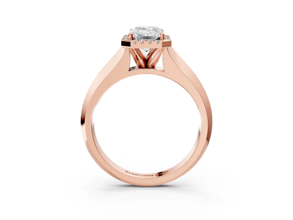 Rose gold Emerald Halo Diamond Ring with Cathedral Band and Four-Prong Setting