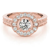 Rose gold Emerald Halo Diamond Ring with Milgrain Bezel and Prong Setting 1