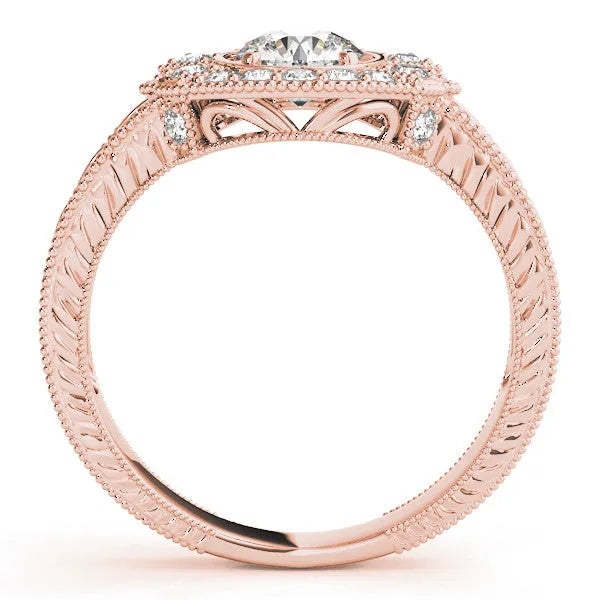 Rose gold Emerald Halo Diamond Ring with Milgrain Bezel and Prong Setting