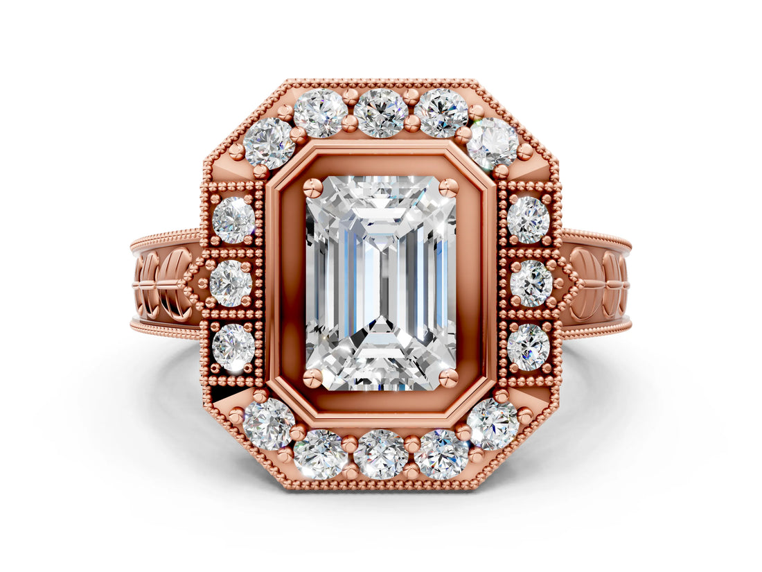 Rose gold Emerald Halo Diamond Ring with Milgrain Bezel and Prong Setting_6