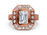 Rose gold Emerald Halo Diamond Ring with Milgrain Bezel and Prong Setting_6
