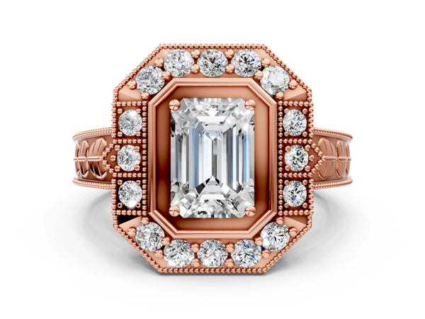 Rose gold Emerald Halo Diamond Ring with Milgrain Bezel and Prong Setting