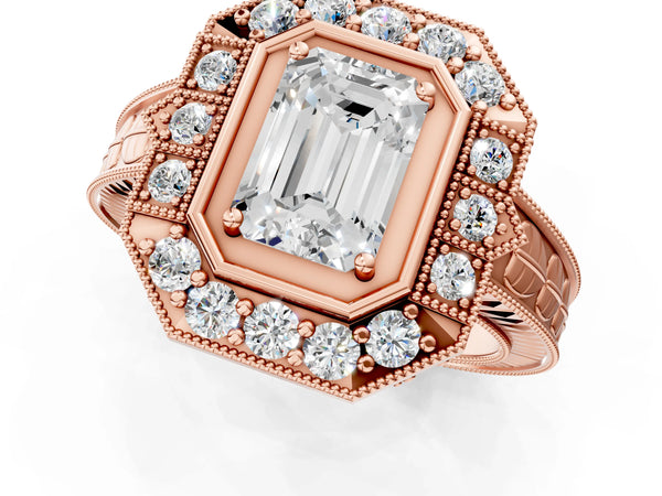 Rose gold Emerald Halo Diamond Ring with Milgrain Bezel and Prong Setting