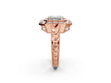 Rose gold Emerald Halo Diamond Ring with Milgrain Bezel and Prong Setting_8