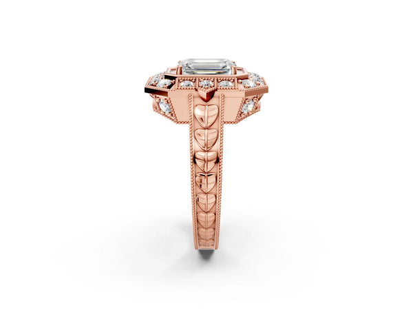 Rose gold Emerald Halo Diamond Ring with Milgrain Bezel and Prong Setting