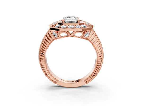Rose gold Emerald Halo Diamond Ring with Milgrain Bezel and Prong Setting