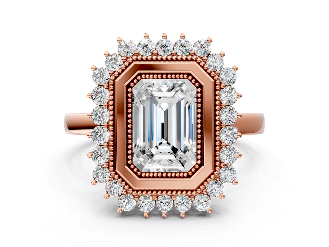 Rose gold Emerald Halo Diamond Ring with Milgrain Edge and Round Prong Setting_24