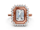 Rose gold Emerald Halo Diamond Ring with Milgrain Edge and Round Prong Setting_24