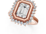 Rose gold Emerald Halo Diamond Ring with Milgrain Edge and Round Prong Setting_25