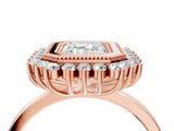 Rose gold Emerald Halo Diamond Ring with Milgrain Edge and Round Prong Setting_28