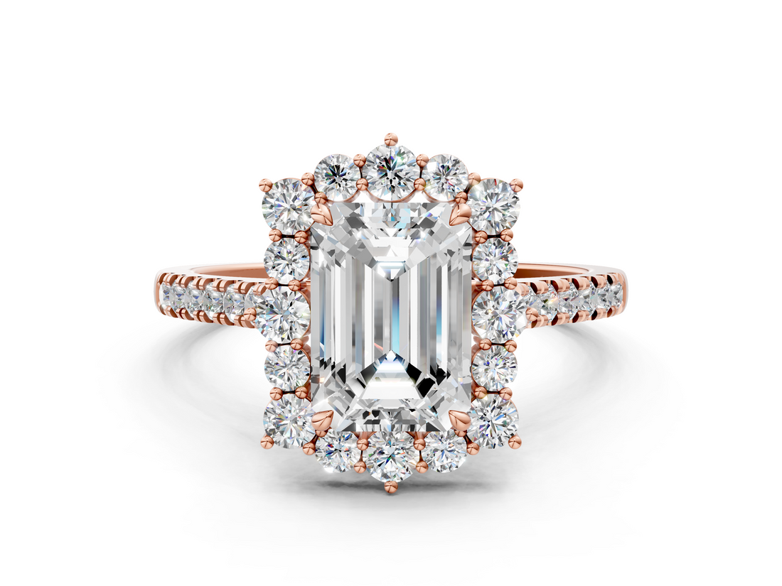 Rose gold Emerald Halo Diamond Ring with Pavé Band and Prong Setting_20