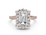 Rose gold Emerald Halo Diamond Ring with Pavé Band and Prong Setting_20