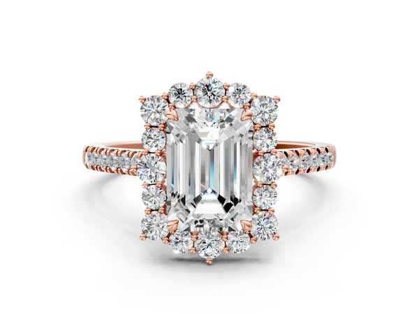 Rose gold Emerald Halo Diamond Ring with Pavé Band and Prong Setting