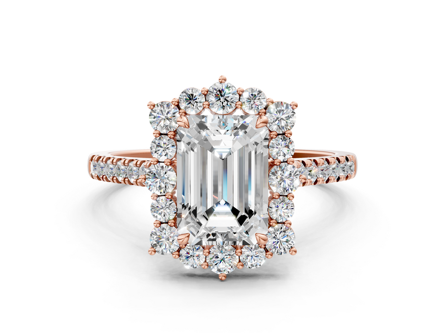 Rose gold Emerald Halo Diamond Ring with Pavé Band and Prong Setting