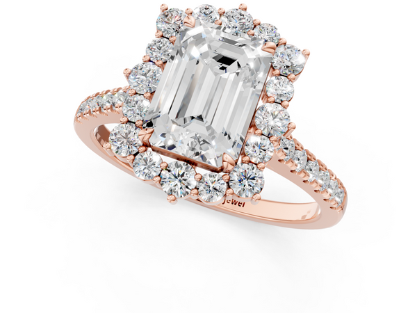 Rose gold Emerald Halo Diamond Ring with Pavé Band and Prong Setting