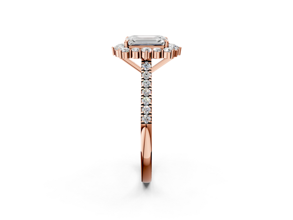 Rose gold Emerald Halo Diamond Ring with Pavé Band and Prong Setting