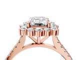 Rose gold Emerald Halo Diamond Ring with Pavé Band and Prong Setting_24
