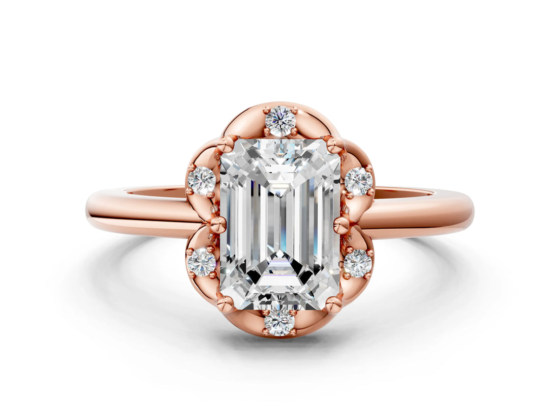 Rose gold Emerald Halo Diamond Ring with Round Cluster Setting, Solitaire Band, and Four-Prong Setting_49