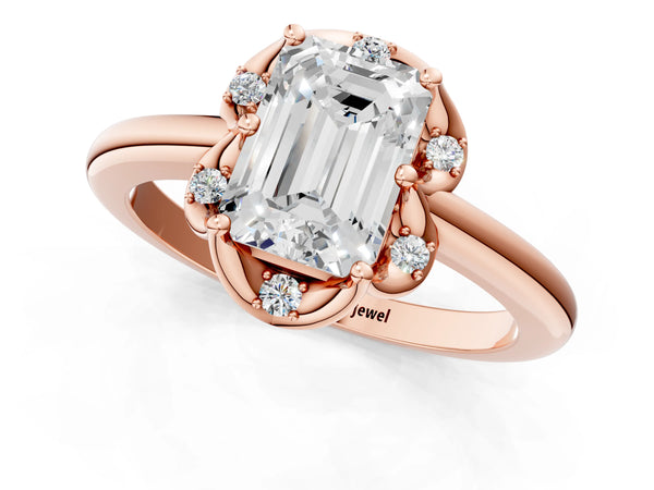 Rose gold Emerald Halo Diamond Ring with Round Cluster Setting, Solitaire Band, and Four-Prong Setting