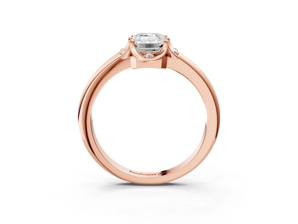 Rose gold Emerald Halo Diamond Ring with Round Cluster Setting, Solitaire Band, and Four-Prong Setting