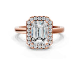 Rose gold Emerald Halo Diamond Solitaire with Pavé Band and Four-Prong Setting_90