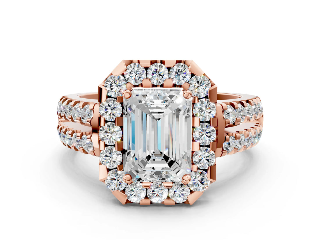 Rose gold Emerald Halo Diamond Split Shank Engagement Ring with Prong Setting_75