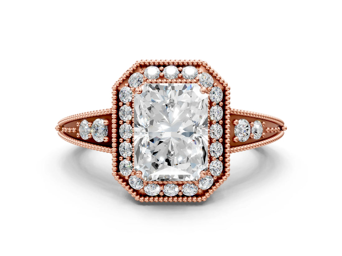 Rose gold Emerald Halo Diamond Split Shank Ring with Milgrain Detail_47