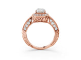 Rose gold Emerald Halo Diamond Split Shank Ring with Milgrain Detail_50
