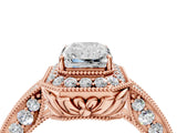 Rose gold Emerald Halo Diamond Split Shank Ring with Milgrain Detail_51