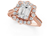 Rose gold Emerald Halo Milgrain Pave Diamond Ring with Four-Prong Setting 1