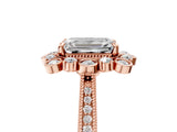 Rose gold Emerald Halo Milgrain Pave Diamond Ring with Four-Prong Setting 5