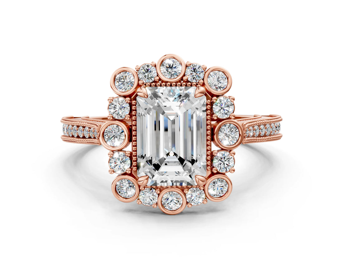 Rose gold Emerald Halo Milgrain Pave Diamond Ring with Four-Prong Setting