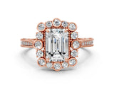 Rose gold Emerald Halo Milgrain Pave Diamond Ring with Four-Prong Setting