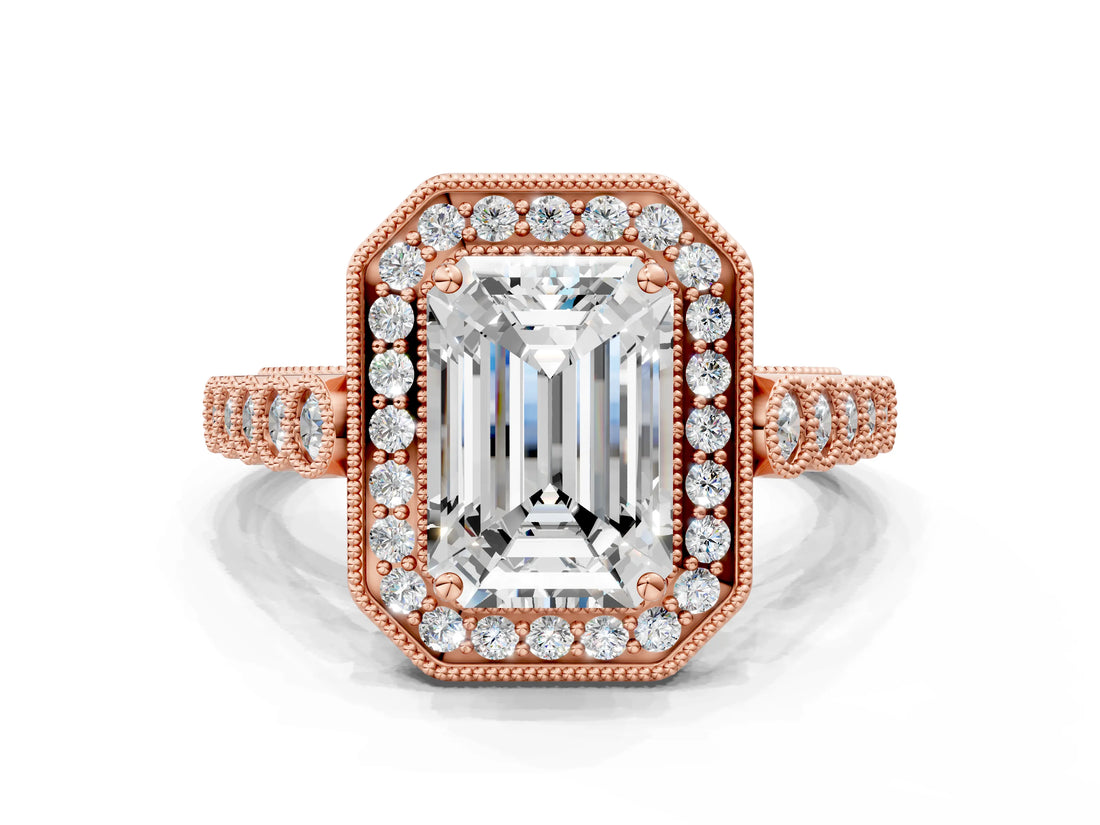 Rose gold Emerald Halo Milgrain Solitaire with Bezel Set Side Stones and Pave Band_31