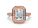 Rose gold Emerald Halo Milgrain Solitaire with Bezel Set Side Stones and Pave Band_31