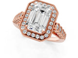 Rose gold Emerald Halo Milgrain Solitaire with Bezel Set Side Stones and Pave Band_32