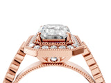 Rose gold Emerald Halo Milgrain Solitaire with Bezel Set Side Stones and Pave Band_35