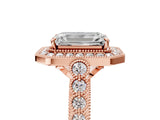 Rose gold Emerald Halo Milgrain Solitaire with Bezel Set Side Stones and Pave Band_36