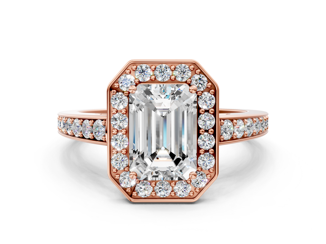Rose gold Emerald Halo Pavé Diamond Engagement Ring with Bezel Setting_20