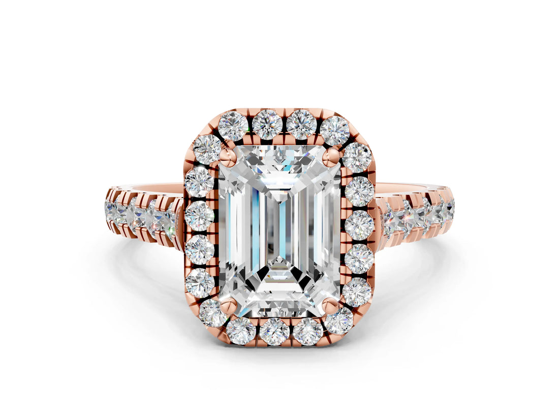 Rose gold Emerald Halo Pavé Diamond Engagement Ring with Four-Prong Setting_26