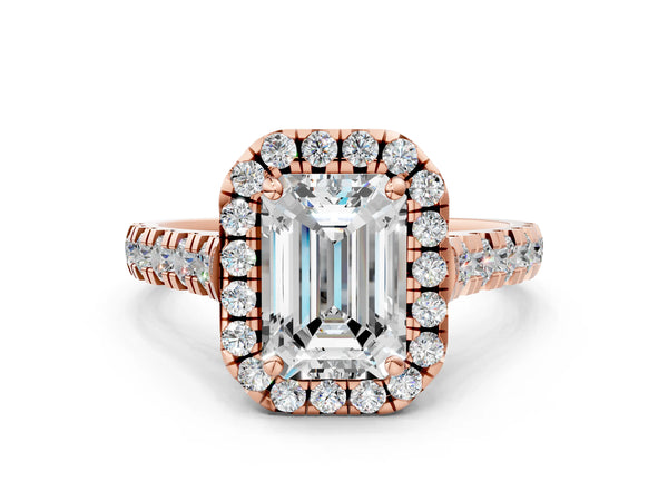 Rose Gold Emerald Cut Halo Engagement Ring Setting with Accented Shoulders and Bezel Gallery Accents