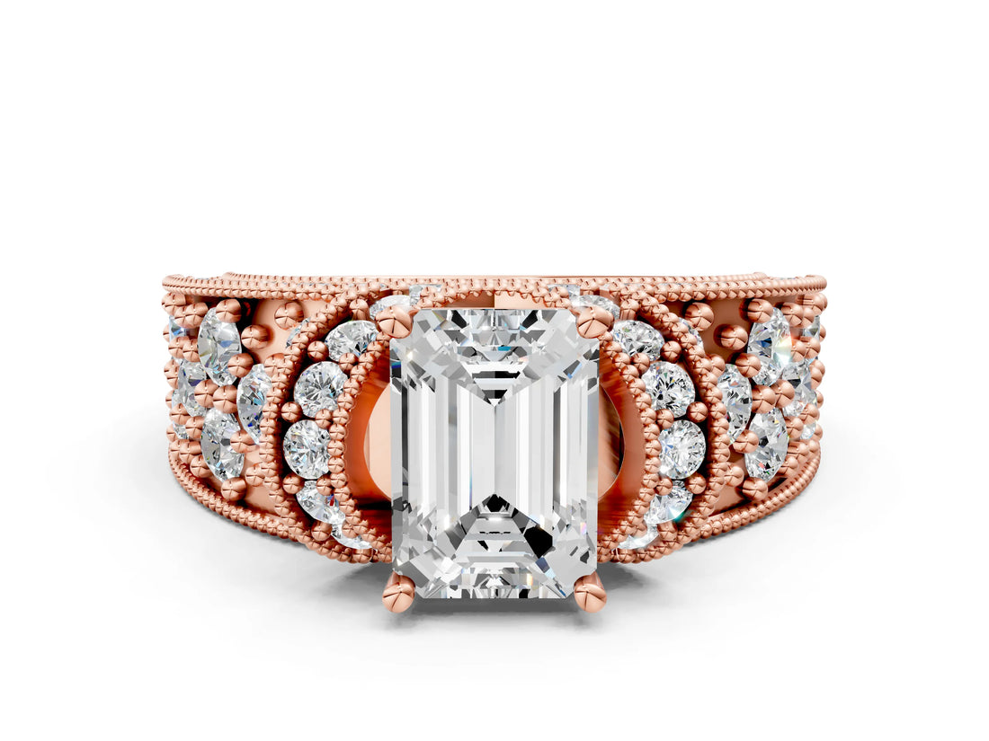 Rose gold Emerald Halo Pave Diamond Engagement Ring with Milgrain Detailing_50